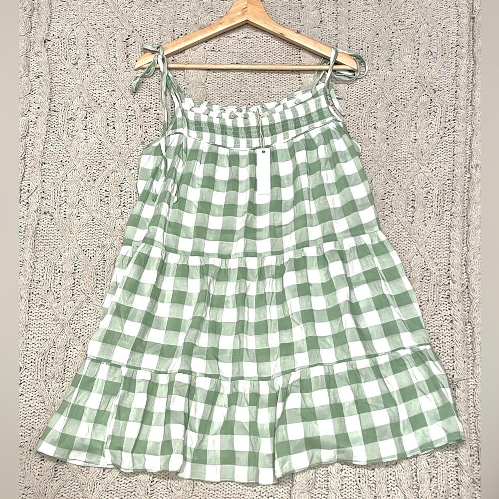 NWT OLIVACEOUS Green and White Mint Plaid Gingham Sleeveless Babydoll Mini Dress